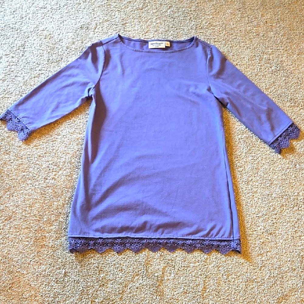 Norm Thompson Women's Quarter Sleeve Pastel Purple Lilac Blouse With Lace Size S
